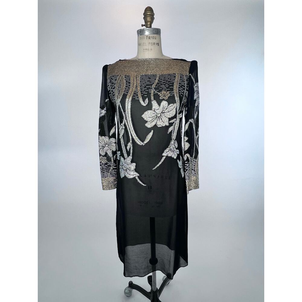 VTG Shangri La  Sheer Cocktail Midi Eveningwear Embroidered Metallic Dress